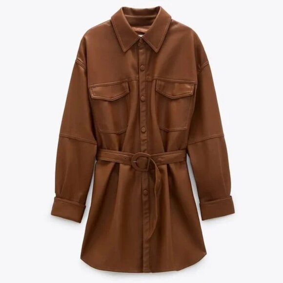 NWT Zara | Faux Leather Belted Button Down Shirt Jacket in Cognac - Size L - Picture 1 of 14